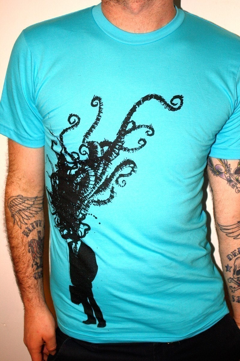 Octopus Tentacle Corporate Man explosion American Apparel T Shirt (Aqua)