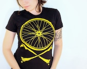 Bike Wheel and Crossbones T-Shirt - Chartreuse Bicycle Print on Ladies Black American Apparel TShirt - Available in XS, S, M, L, XL and XXL