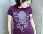 Octopus on a Bicycle - American Apparel Ladies Eggplant Bike TShirt - FREE SHIPPING - Available in S, M, L and XL