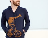 Mens BICYCLE GIRAFFE on a tall BIKE Unisex navy American Apparel Hooded Sweatshirt