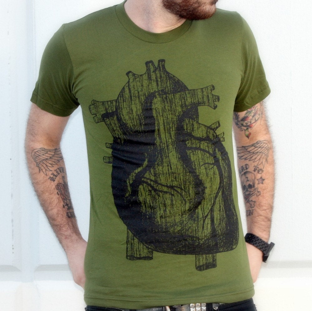 Men's ANATOMICAL HEART illustration t shirt american apparel X S S M L X L and X X L (olive green)