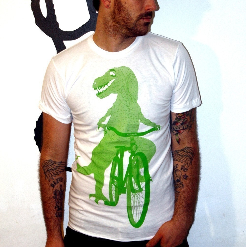 Mens DINOSAUR on a BICYCLE - T SHIRT -  American Apparel White Shirt -  Available in xs, S, M, L, xl, xxl