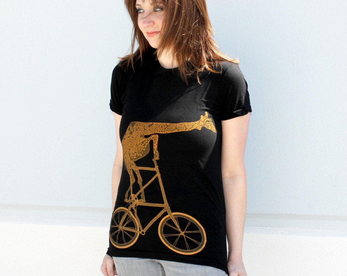 Womens - Giraffe on a BIKE- T Shirt american apparel S M L XL (Black)