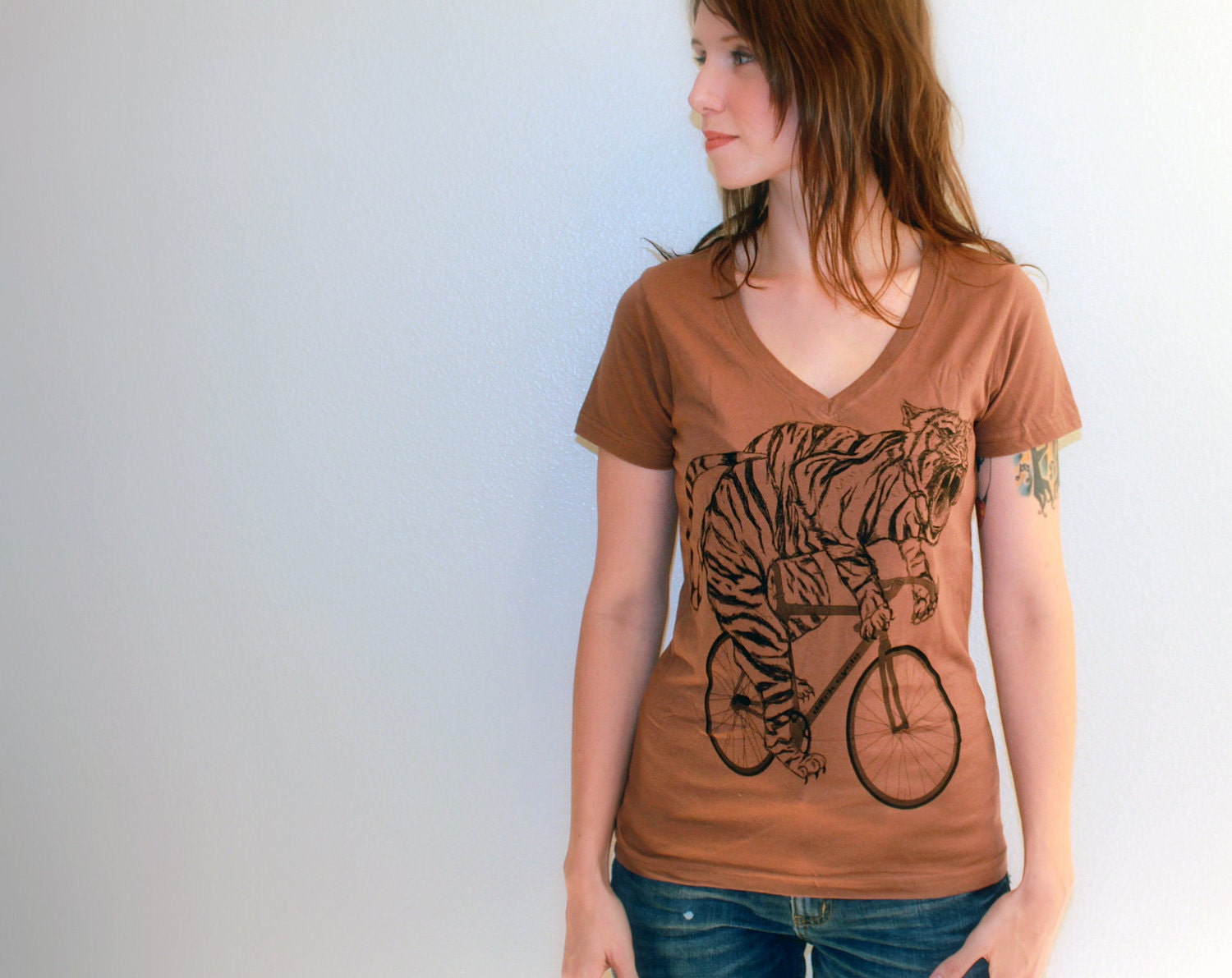 Circus Tiger Bike, Ladies Short Sleeve T Shirt, V Neck Tee, Hand Screen Print American Apparel Clothing, Camel Brown Animal Print