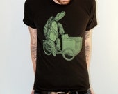 Mens BICYCLE Tshirt TURTLE on a Cargo BIKE Unisex Black American Apparel Shirt