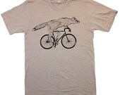 Mens ORGANIC cotton BICYCLE FOX T-Shirt american apparel Sustainable Clothing Animal Art  S M L xl and xxl (cinder tan)