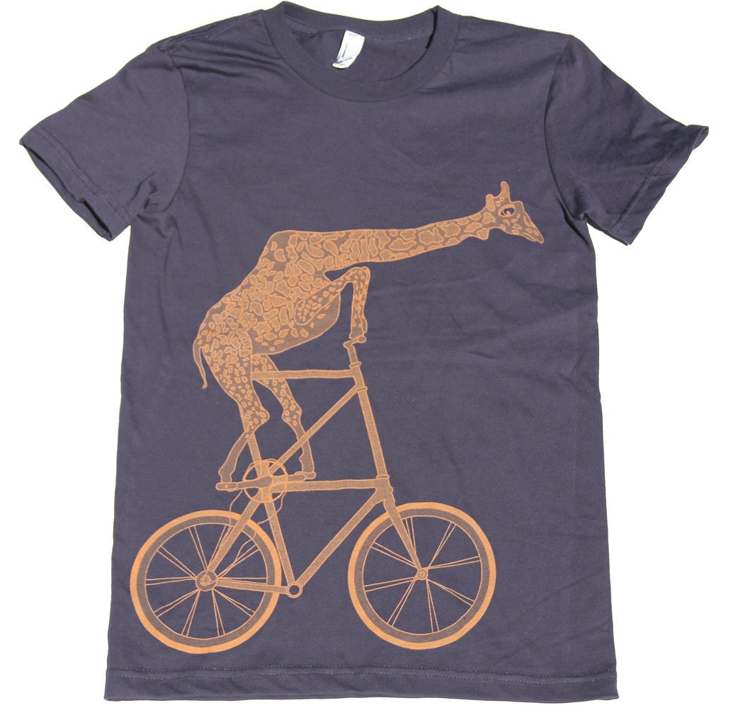 Ladies - Giraffe on a Two High Bike- T Shirt AMERICAN APPAREL S M L XL (Navy Blue)