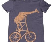 Womens TSHIRT - Giraffe on a BICYCLE-  american apparel S M L XL (Navy)