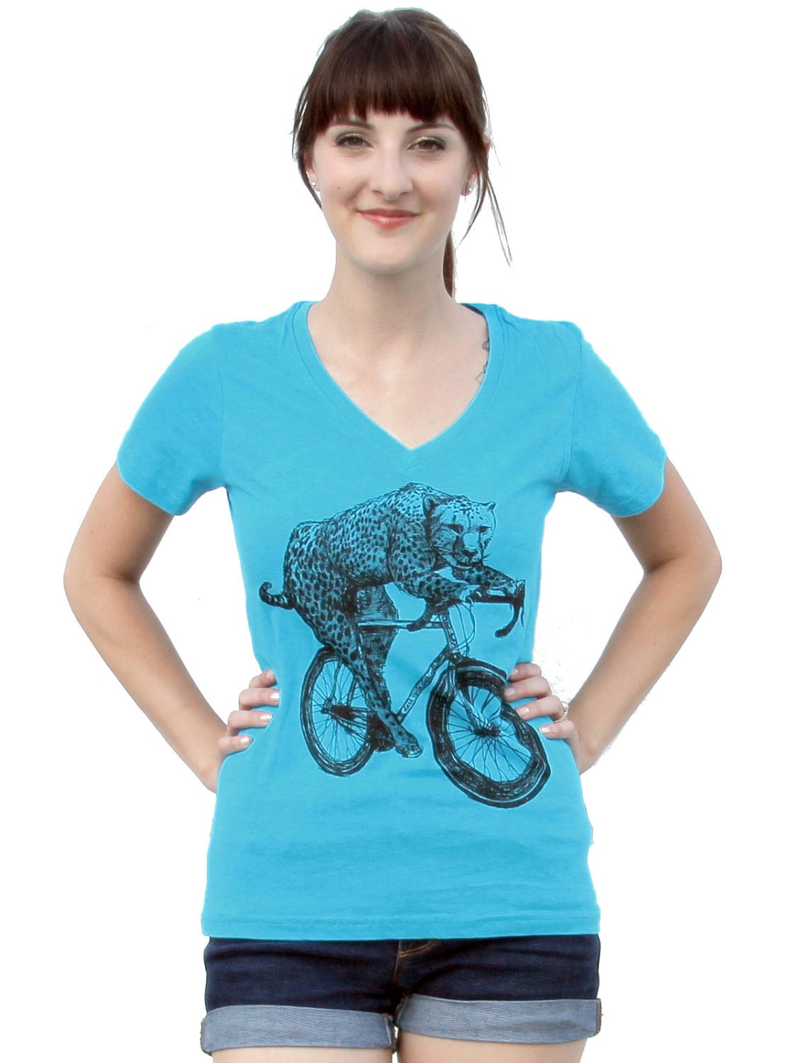 Womens CHEETAH on BICYCLE Vneck T Shirt