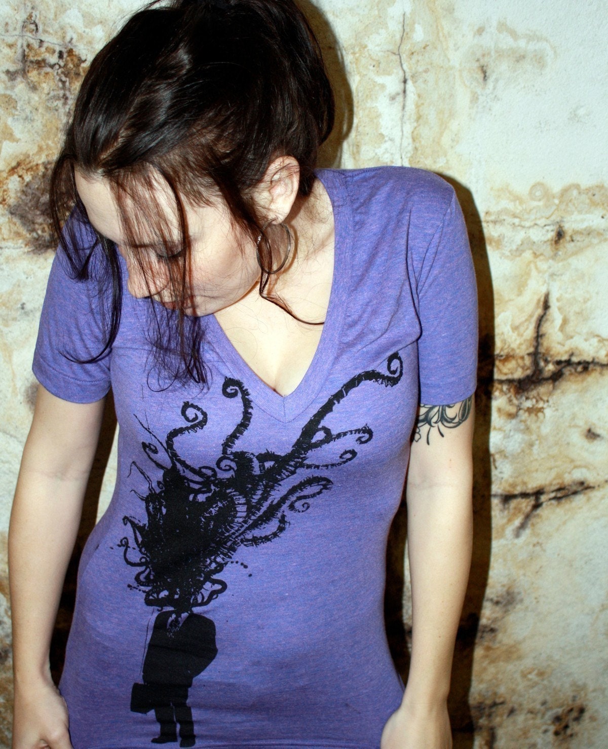 Octopus Corporate Man Explosion Deep V Neck American Apparel TShirt - Purple Heather - Free Shipping - Available in XS, S, M, L and XL