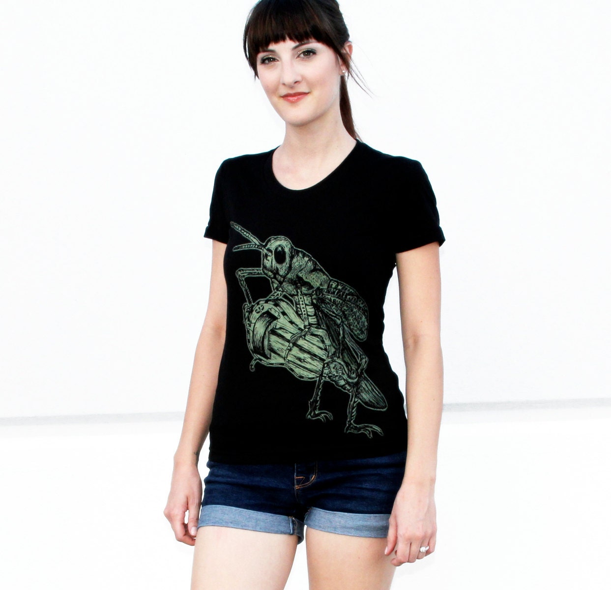 Women T-Shirt CRICKET shirt Cricket playing hurdy gurdy American Apparel Black TShirt Woodland