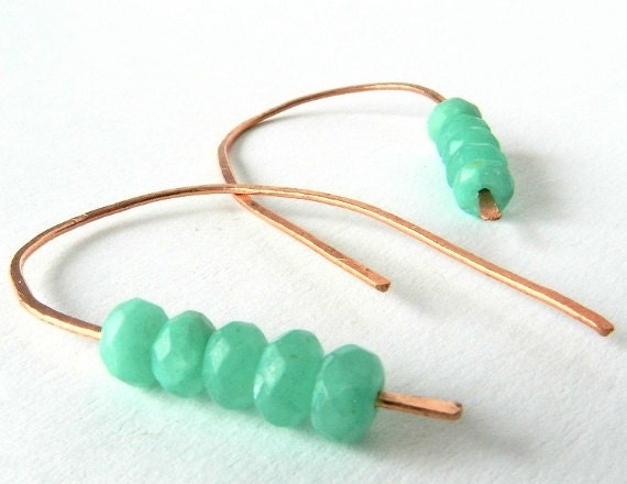 Copper Hoop Earrings Apple Green Color Gem Beads