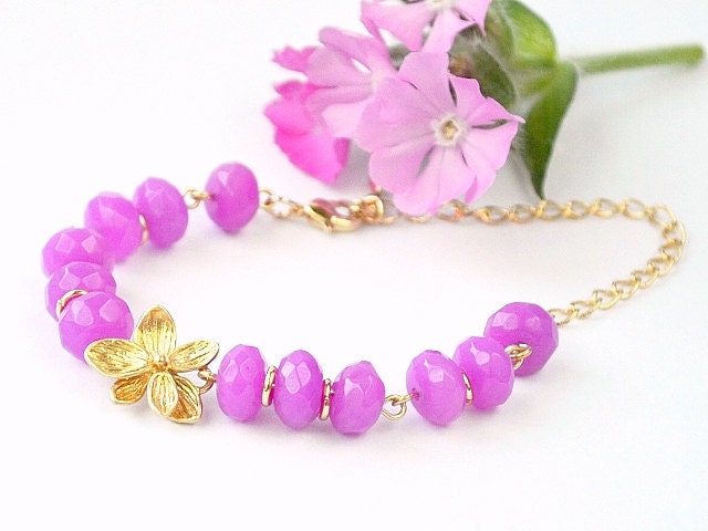 Gold orchid and fuchsia jade bracelet. Wedding,Graduation, anniversary, bridesmaids jewelry.