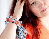 Statement Necklace Upcycled  Jeans Blue and orange wood big beads necklace or bracelet