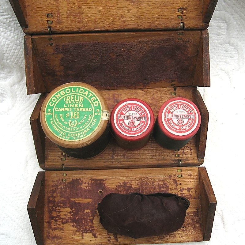 Antique Oak Sewing Box Wooden Spools