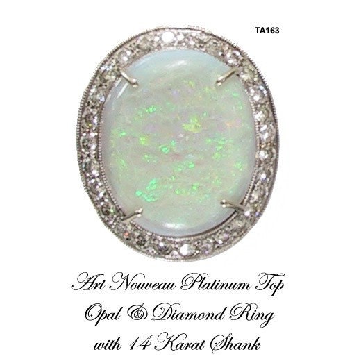 Opal Diamond Ring Platinum Top Art Nouveau