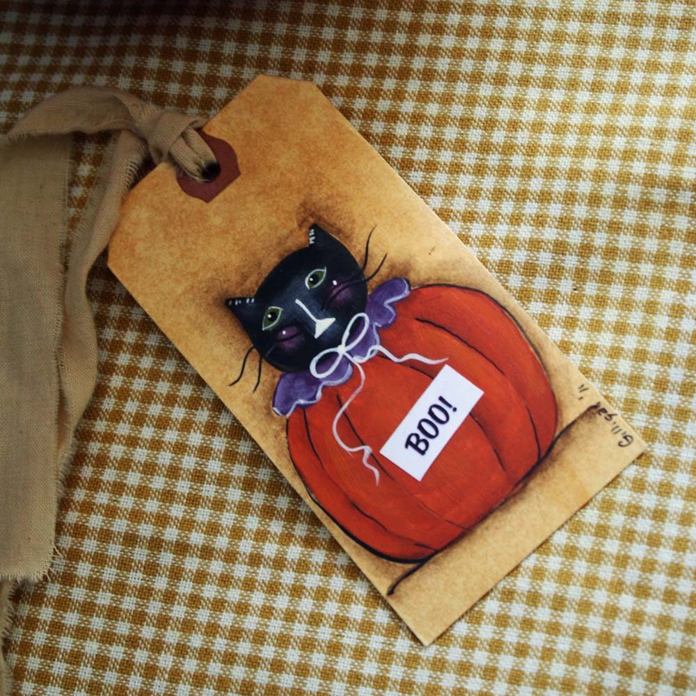 Halloween Primitive Folk Art Hangtag Hand Painted: Primitive Boo Kitty