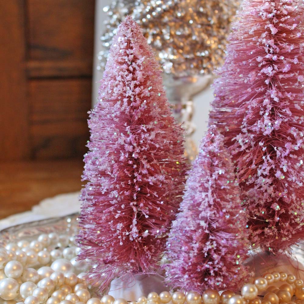 3 Lavender Bottle Brush Christmas Tree Set: Glittered BottleBrush Large Tree Set