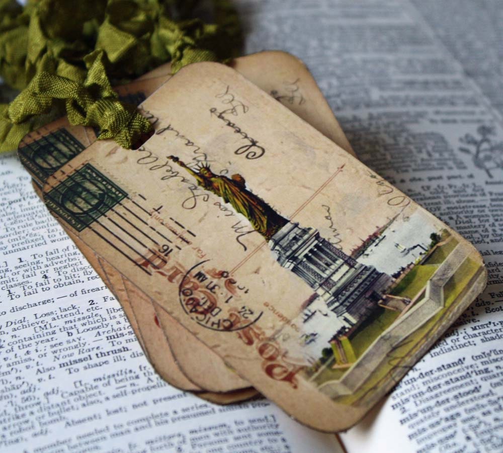 Hang Tag Gift Tag Handmade Statue of Liberty with Vintage Postcard Background New York City