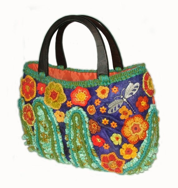Floral Handbag Tote Carry bag Freeform Crochet OOAK