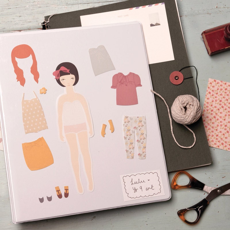 Wall Decals Mini Paper Doll (Reusable and removable fabric stickers, not vinyl) - Mini Dress Up Doll
