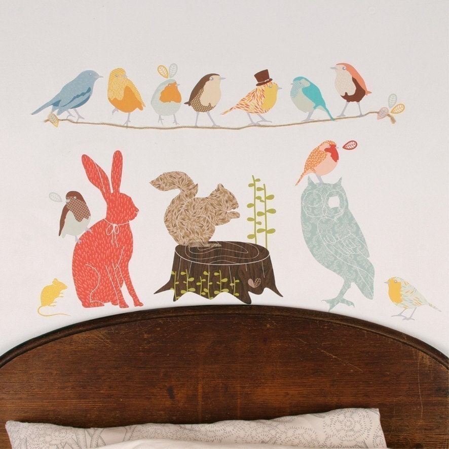 Wall Decals Woodland (Reusable and removable fabric stickers, not vinyl) - Retro Forest Critters