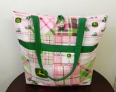 On Sale Girl Diaper Bag - John Deere Pink & Green Plaid Personalized