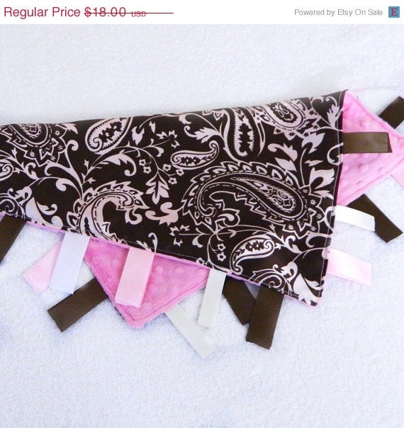 On Sale Pink Brown Blanket - Ribbon Tags - Paisley Satin & Minky Dot