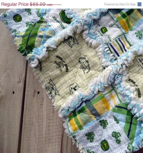 On Sale Baby Rag Quilt - John Deere Blue and Green Plaid - Boy