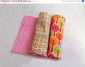 On Sale Girl Burp Cloths - Pink & Green Flowers and Trees Minky- set of 2