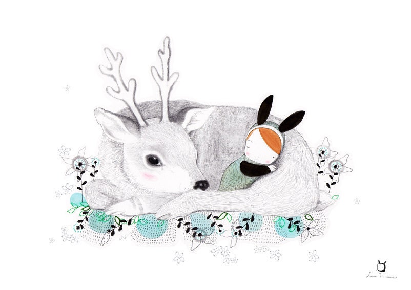Goodnight my Deer - Nursery Goodnight Art - Whimsical Deer and baby Bunny - Buonanotte