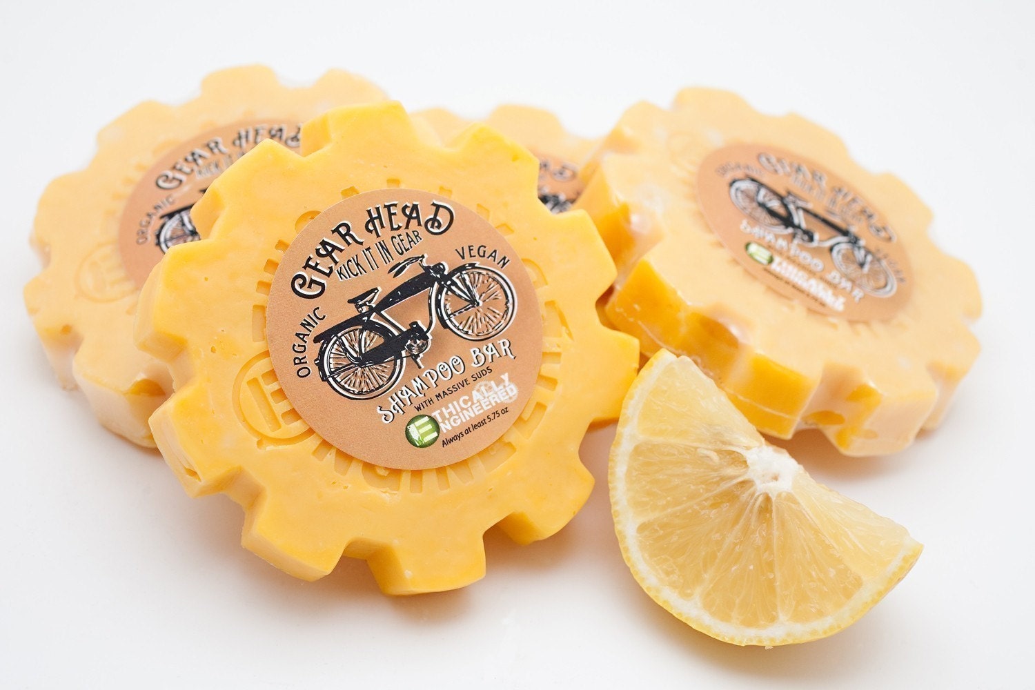 Vegan Organic No-Bottle Shampoo with Massive Suds -- 8 bars of Gear Head -- Made In America Therefore Free Domestic Shipping