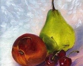 Peach, Pear and Cherries, Original Art, Still Life Fruit Painting by Marina Petro