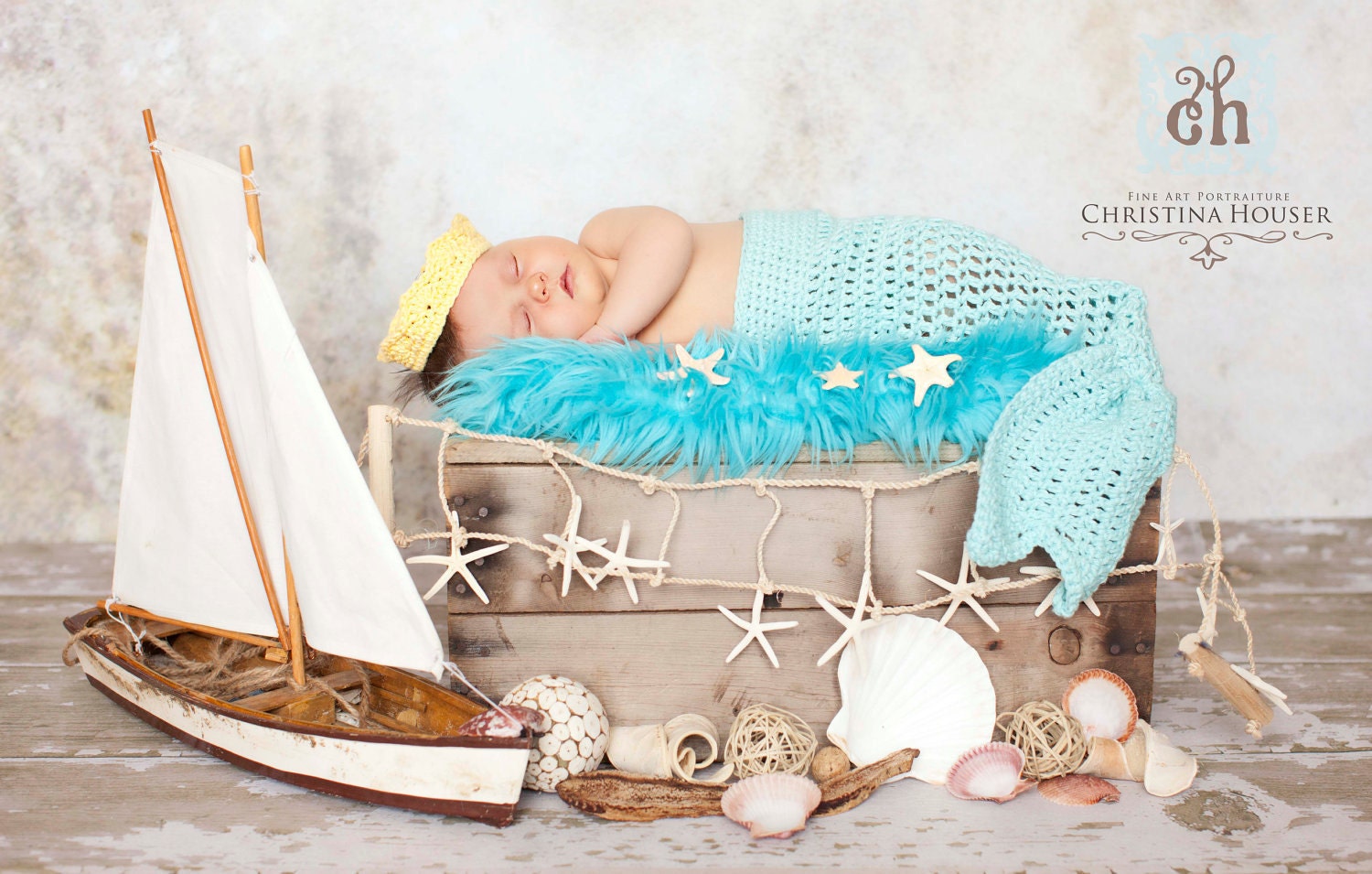 Newborn to 3 Month Mermaid Tail with Crown Photo Prop