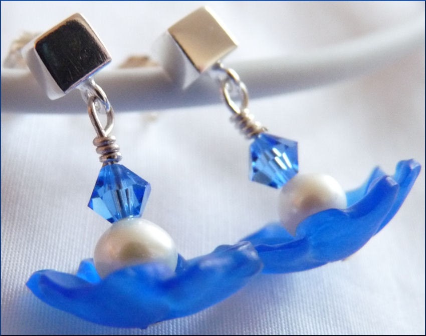 Pearls, Flowers and Sparkle, So Girly Earrings -- Sterling Silver POSTS, Freshwater Pearls, Blue Lucite Flowers, Swarovski Crystals