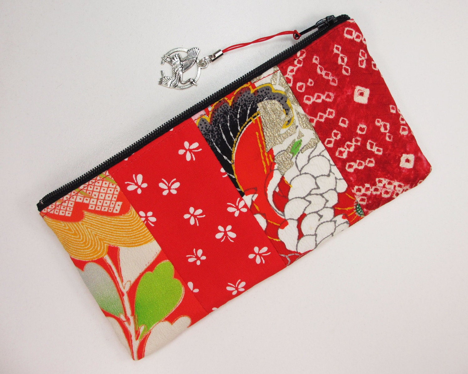 Vintage Kimono Patchwork Zipper Pouch- Red