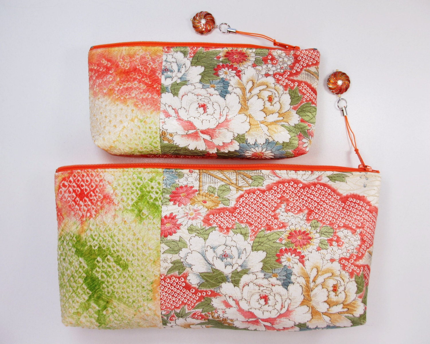 Recycled Kimono Clutch Bag and Eyeglass Case Set - Shibori & Peony Garden