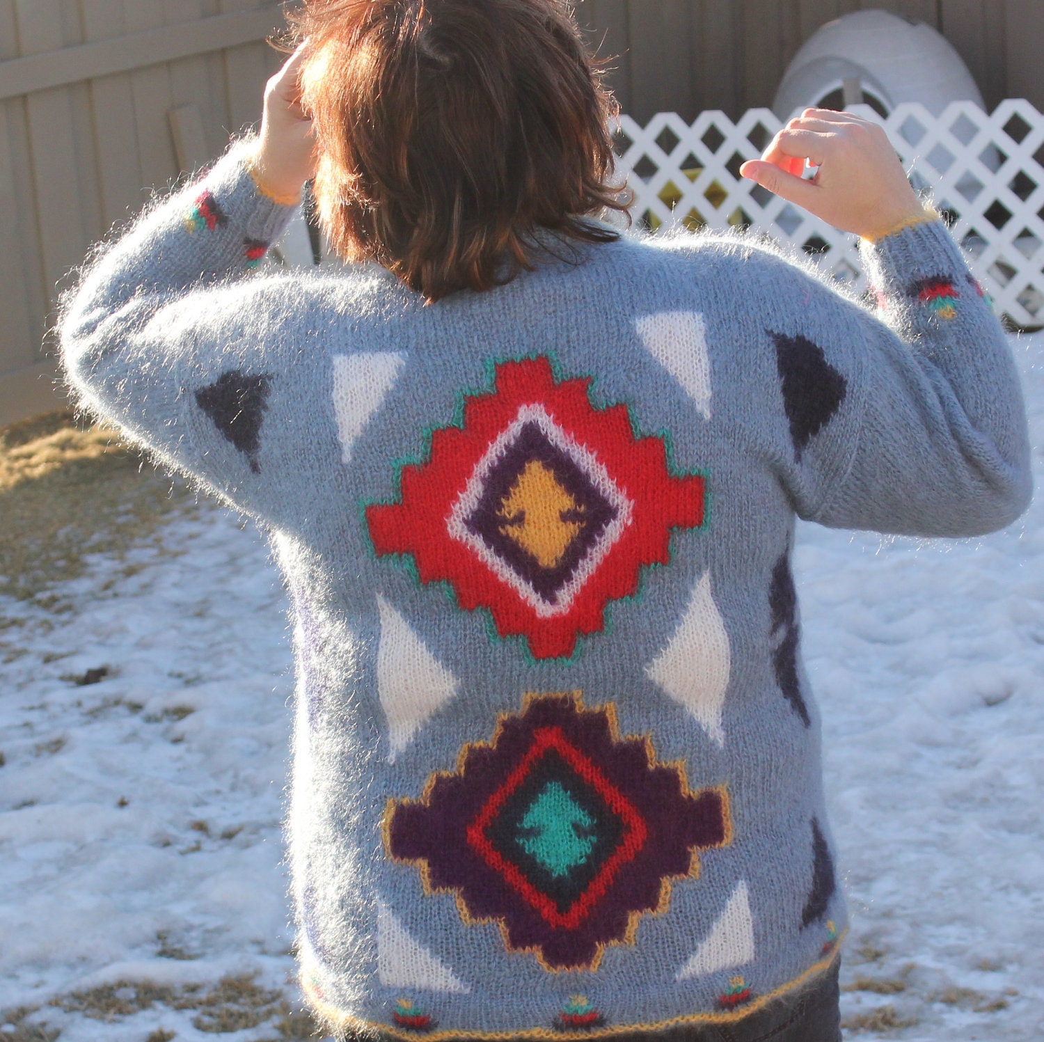 Ready to be shipped/ One of a kind Warm Grey Red Sweater / Handmade HandKnit Crew Neck, Long Sleeved / Unique Unisex/SIZE LARGE