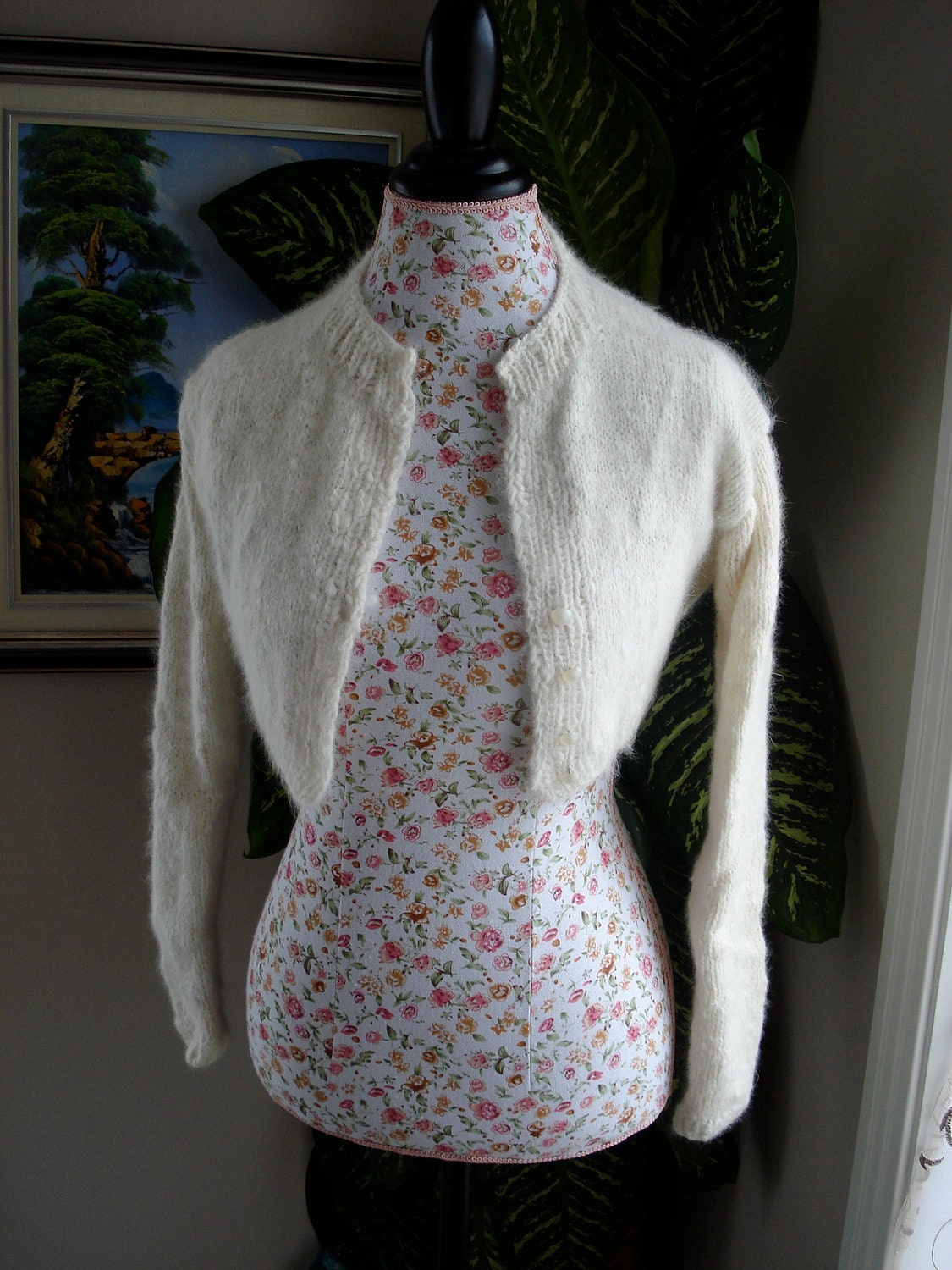 Ready to ship -  HANDMADE Ivory Kate Middleton Angora Bridal Bolero hand knitted with handspun angora yarn/ fit size XXL