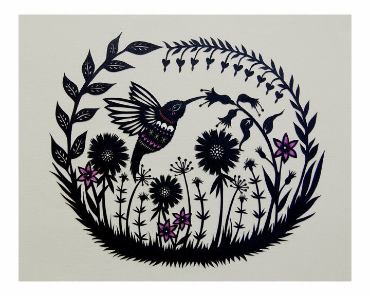 Hummingbird Garden - Cut Paper Art Print
