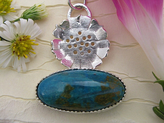 Natural blue Chrysocolla stone necklace or pendant -  Sterling Silver flower pendant necklace - handmade nature jewelry