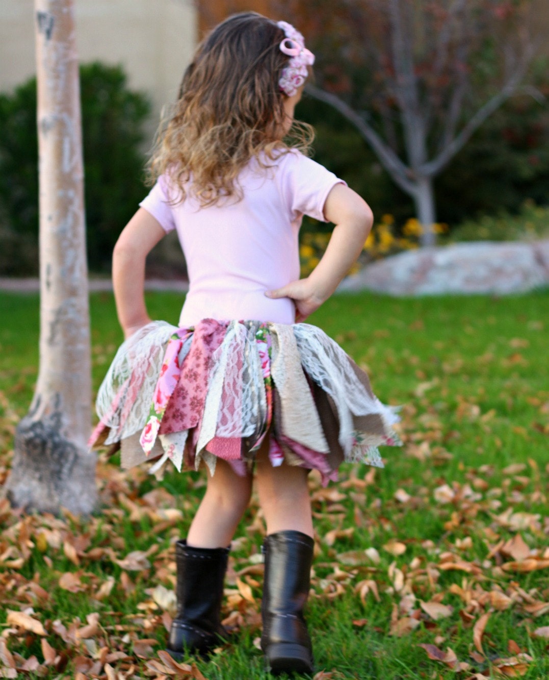Fabric Scraps Tutu Skirt Shabby Chic Pink and Brown  Made to Order size Newborn to 4T