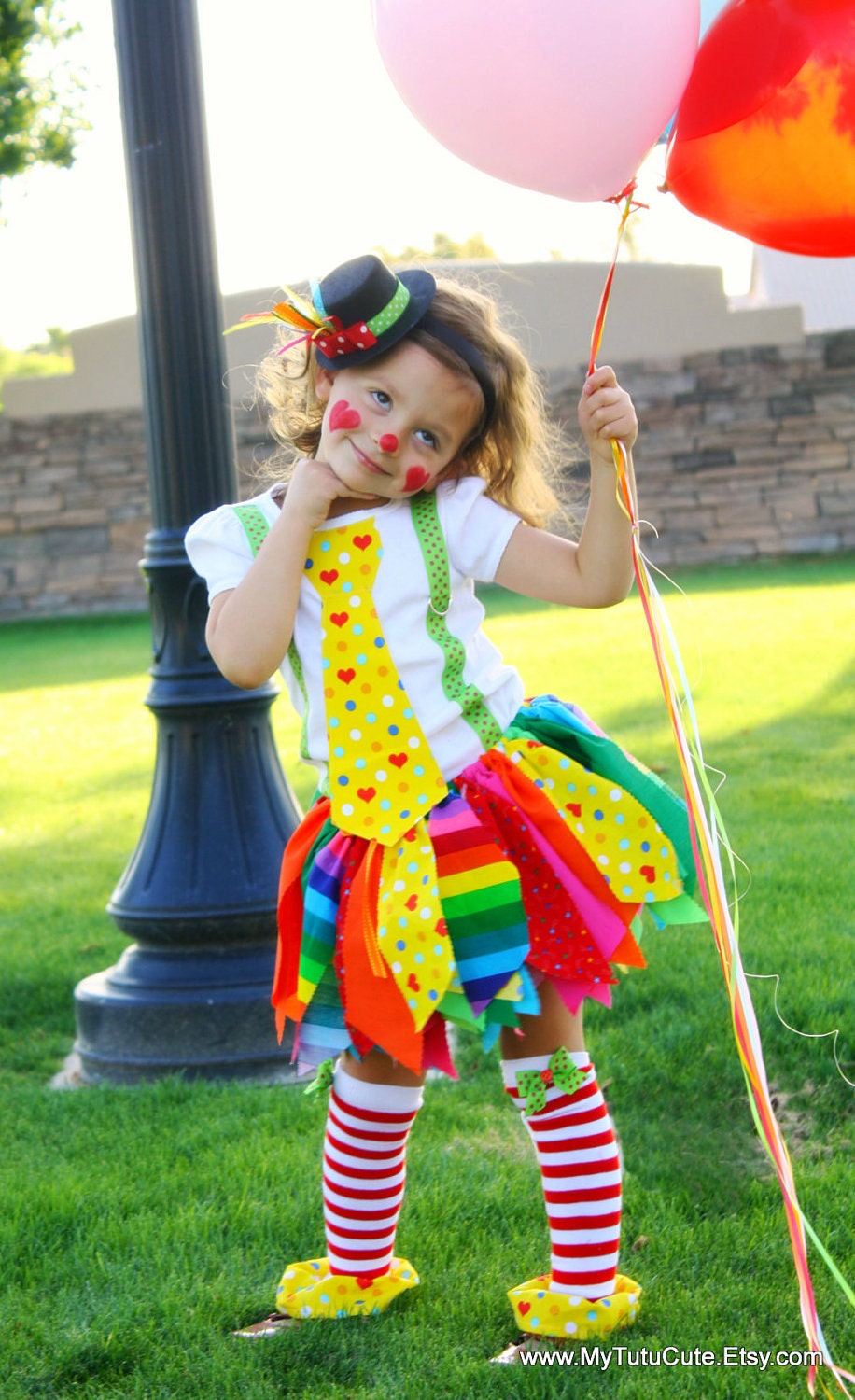 Really Rainbow Clown Costume including Fabric Scraps Tutu Shirt Leg Warmers and Mini Top Hat Made to order from 12mo to size 4T