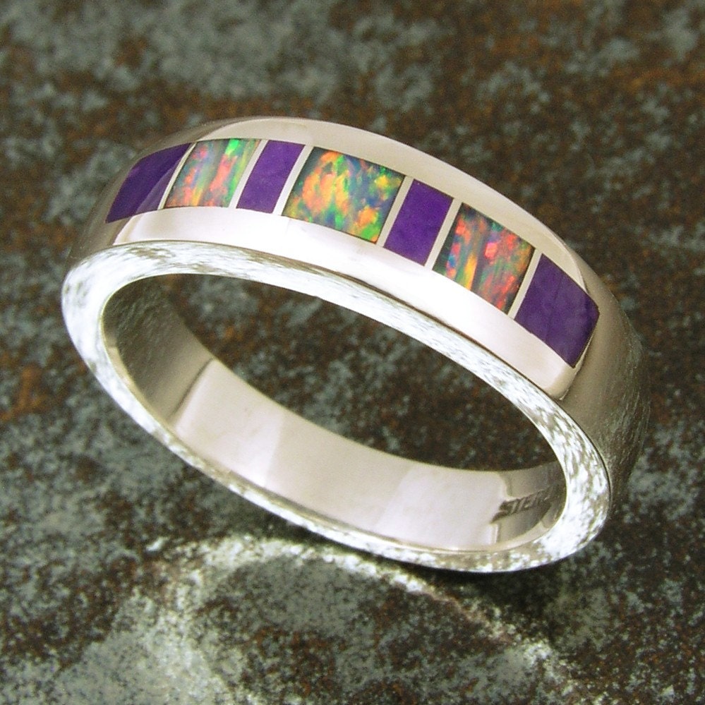 Australian opal and sugilite inlay sterling silver ring