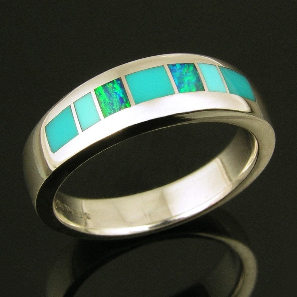 Opal, turquoise and gem silica ring in sterling silver
