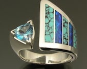 Australian Opal, Spiderweb Turquoise and Blue Topaz Ring