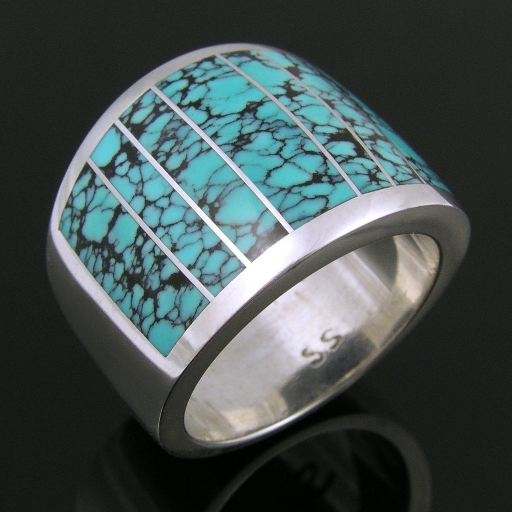 Spiderweb turquoise sterling silver inlay ring