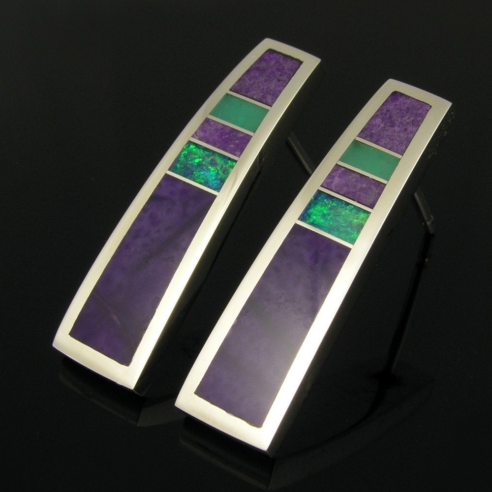 Sterling silver tapered earrings inlaid with sugilite, Australian opal and chrysoprase by Mark Hileman.