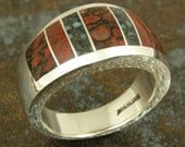 Dinosaur bone and chalcosiderite inlay sterling silver ring
