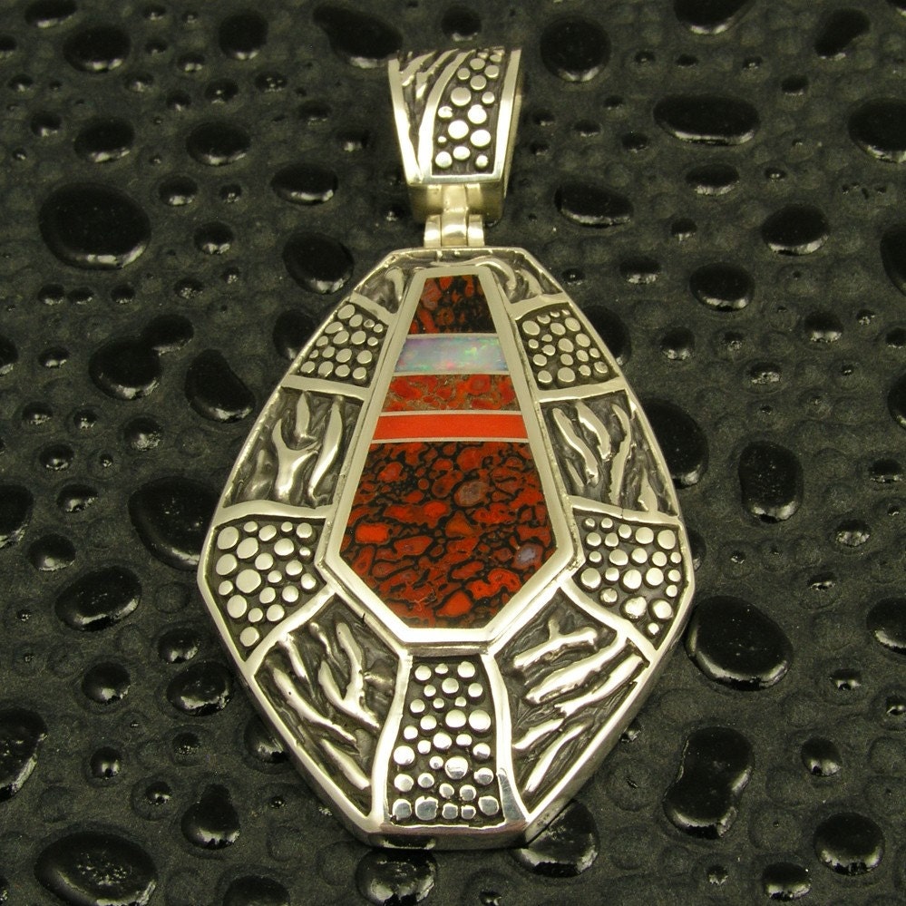 Dinosaur bone, opal and coral pendant